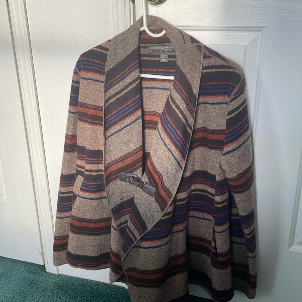 Fenn Wright Manson Wool Blend Brown Striped Cardigan Sweater Size L
